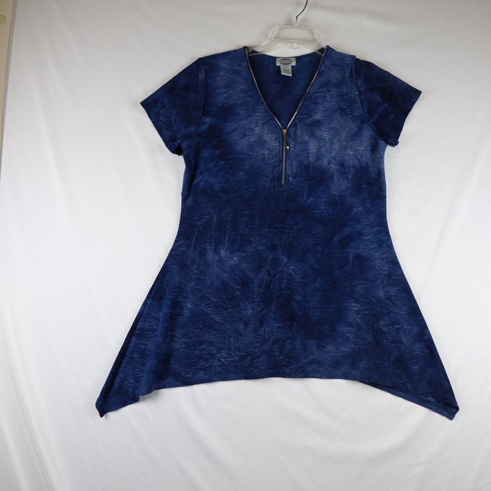 Sienna Grace Tunic Shirt Womens Medium Asymmetrical Zip Front Short Sleeve Top
